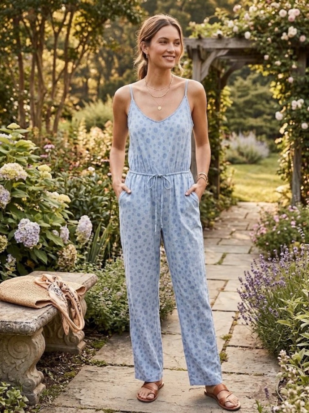 Plum Pretty Sugar Lightweight Chambray Jumpsuit Medium Lounge Beach 100% Cotton